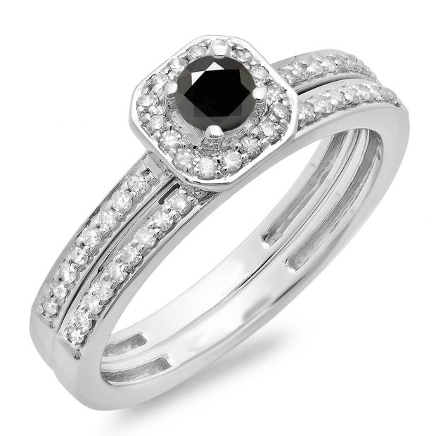 0.55 Carat (ctw) 10K White Gold Round Cut Black & White Diamond Ladies Halo Engagement Bridal Ring With Matching Band Set 1/2 CT