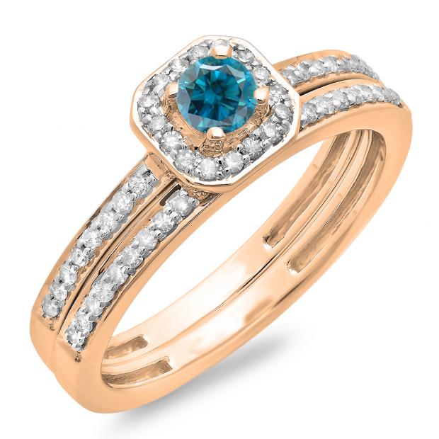 0.55 Carat (ctw) 14K Rose Gold Round Cut Blue & White Diamond Ladies Halo Engagement Bridal Ring With Matching Band Set 1/2 CT