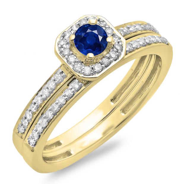 0.55 Carat (ctw) 10K Yellow Gold Round Cut Blue Sapphire & White Diamond Ladies Halo Engagement Bridal Ring With Matching Band Set 1/2 CT
