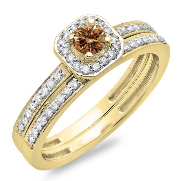 0.55 Carat (ctw) 10K Yellow Gold Round Cut Champagne & White Diamond Ladies Halo Engagement Bridal Ring With Matching Band Set 1/2 CT
