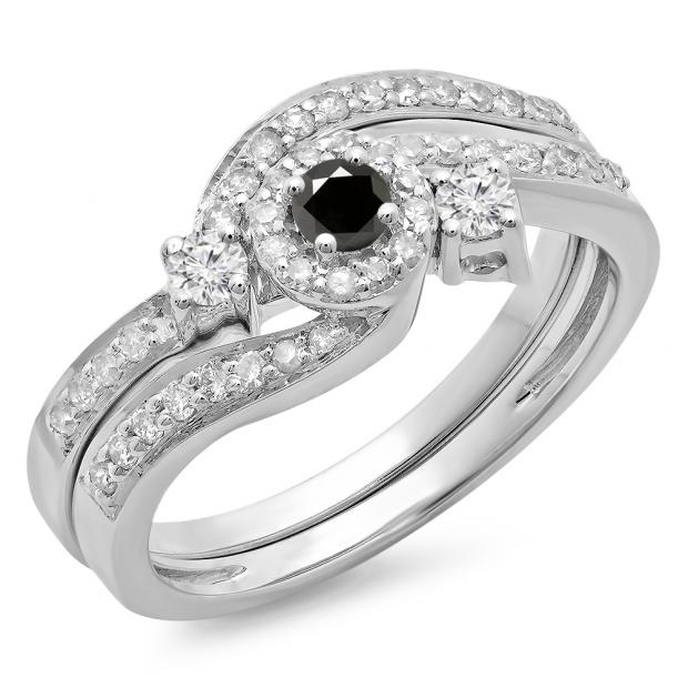 0.65 Carat (ctw) 14K White Gold Round Black & White Diamond Ladies Twisted Swirl Bridal Halo Engagement Ring With Matching Band Set