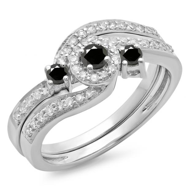 0.65 Carat (ctw) 18K White Gold Round Black & White Diamond Ladies Twisted Swirl Bridal Halo Engagement Ring With Matching Band Set