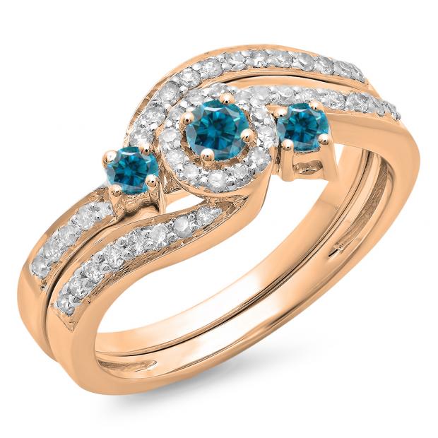 0.65 Carat (ctw) 18K Rose Gold Round Blue & White Diamond Ladies Twisted Swirl Bridal Halo Engagement Ring With Matching Band Set