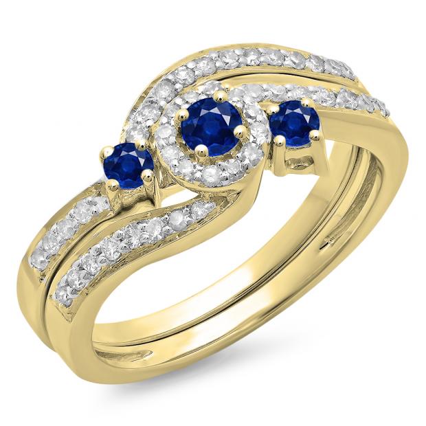 0.65 Carat (ctw) 10K Yellow Gold Round Blue Sapphire & White Diamond Ladies Twisted Swirl Bridal Halo Engagement Ring With Matching Band Set