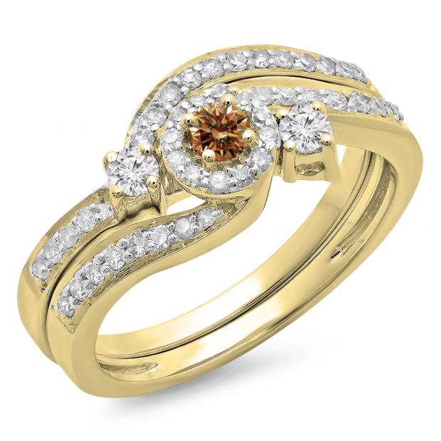 0.65 Carat (ctw) 18K Yellow Gold Round Champagne & White Diamond Ladies Twisted Swirl Bridal Halo Engagement Ring With Matching Band Set