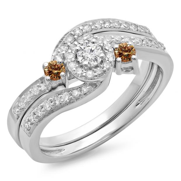 0.65 Carat (ctw) 10K White Gold Round Champagne & White Diamond Ladies Twisted Swirl Bridal Halo Engagement Ring With Matching Band Set