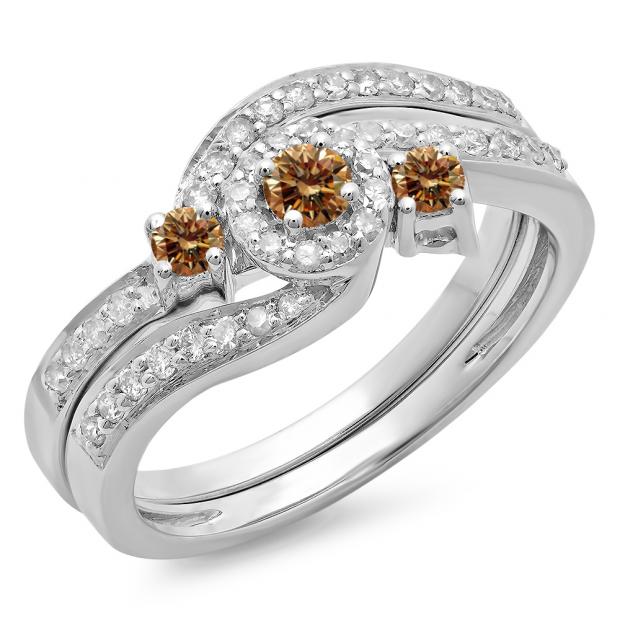 0.65 Carat (ctw) 14K White Gold Round Champagne & White Diamond Ladies Twisted Swirl Bridal Halo Engagement Ring With Matching Band Set