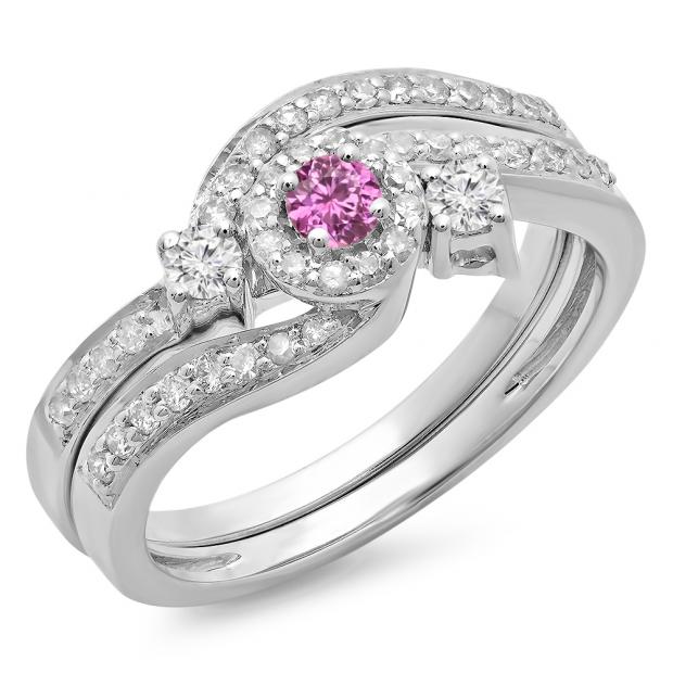 0.65 Carat (ctw) 14K White Gold Round Pink Sapphire & White Diamond Ladies Twisted Swirl Bridal Halo Engagement Ring With Matching Band Set