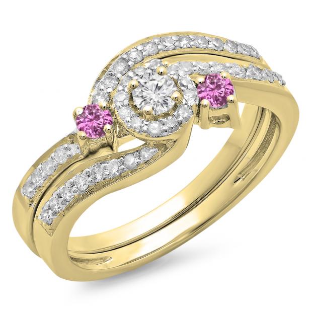 0.65 Carat (ctw) 18K Yellow Gold Round Pink Sapphire & White Diamond Ladies Twisted Swirl Bridal Halo Engagement Ring With Matching Band Set