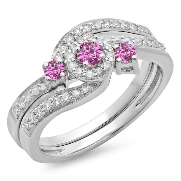 0.65 Carat (ctw) 10K White Gold Round Pink Sapphire & White Diamond Ladies Twisted Swirl Bridal Halo Engagement Ring With Matching Band Set