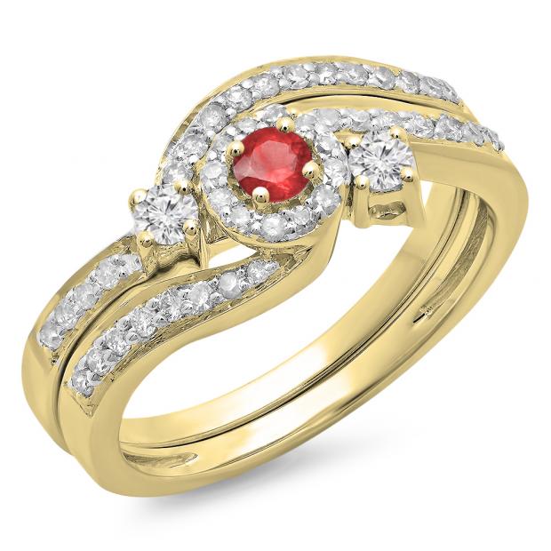0.65 Carat (ctw) 14K Yellow Gold Round Red Ruby & White Diamond Ladies Twisted Swirl Bridal Halo Engagement Ring With Matching Band Set