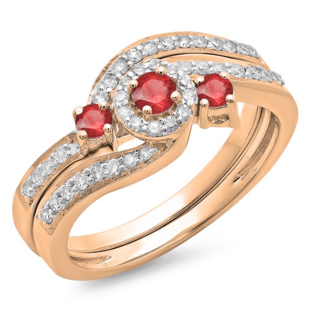0.65 Carat (ctw) 10K Rose Gold Round Red Ruby & White Diamond Ladies Twisted Swirl Bridal Halo Engagement Ring With Matching Band Set