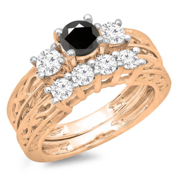1.50 Carat (ctw) 10K Rose Gold Round Cut Black & White Diamond Ladies Vintage 3 Stone Bridal Engagement Ring With Matching 4 Stone Wedding Band Set 1 1/2 CT