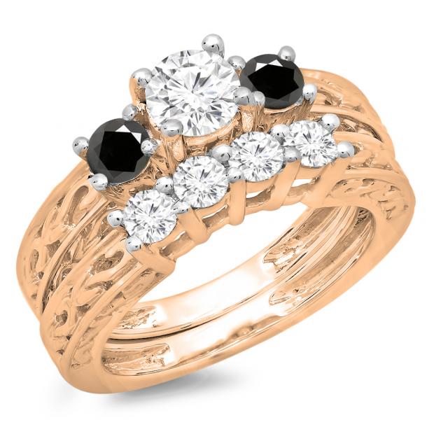 1.50 Carat (ctw) 14K Rose Gold Round Cut Black & White Diamond Ladies Vintage 3 Stone Bridal Engagement Ring With Matching 4 Stone Wedding Band Set 1 1/2 CT