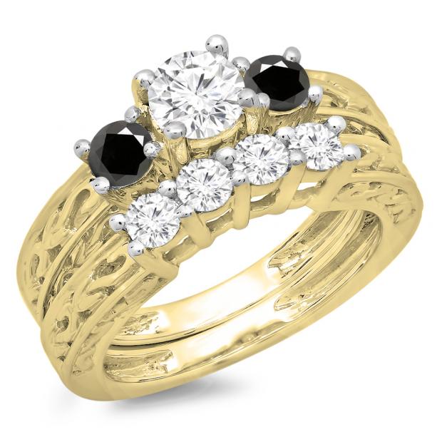 1.50 Carat (ctw) 18K Yellow Gold Round Cut Black & White Diamond Ladies Vintage 3 Stone Bridal Engagement Ring With Matching 4 Stone Wedding Band Set 1 1/2 CT
