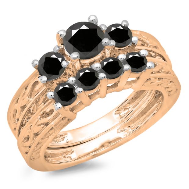1.50 Carat (ctw) 10K Rose Gold Round Cut Black Diamond Ladies Vintage 3 Stone Bridal Engagement Ring With Matching 4 Stone Wedding Band Set 1 1/2 CT