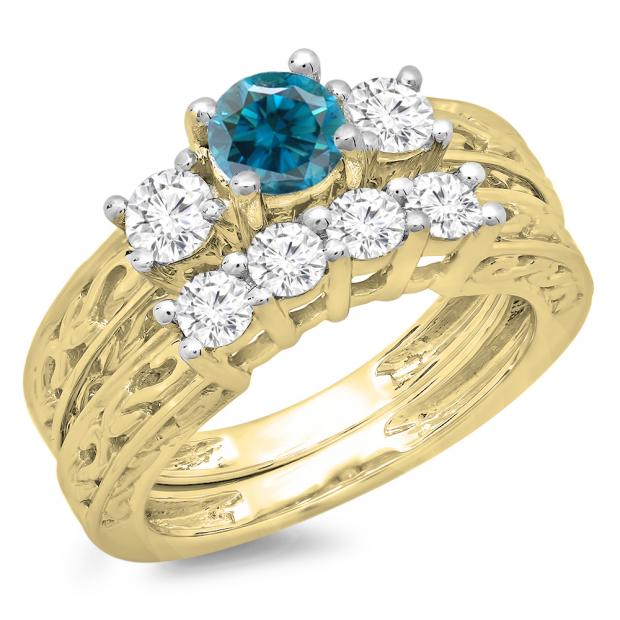 1.50 Carat (ctw) 10K Yellow Gold Round Cut Blue & White Diamond Ladies Vintage 3 Stone Bridal Engagement Ring With Matching 4 Stone Wedding Band Set 1 1/2 CT