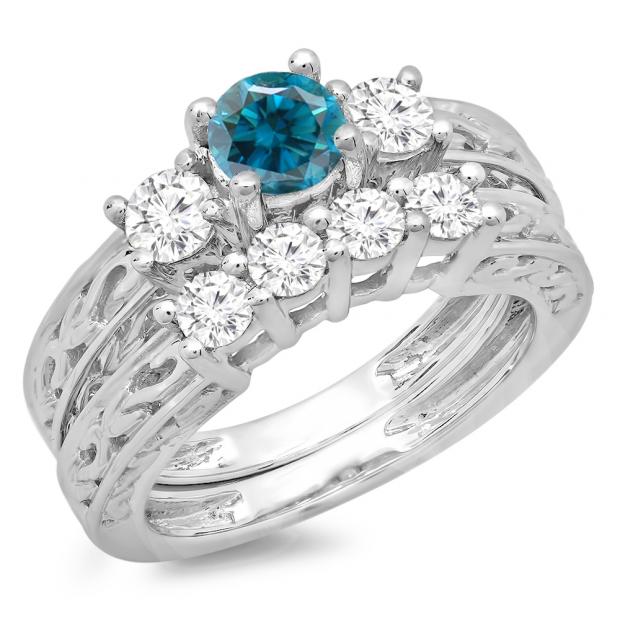 1.50 Carat (ctw) 14K White Gold Round Cut Blue & White Diamond Ladies Vintage 3 Stone Bridal Engagement Ring With Matching 4 Stone Wedding Band Set 1 1/2 CT