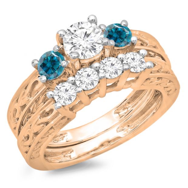 1.50 Carat (ctw) 18K Rose Gold Round Cut Blue & White Diamond Ladies Vintage 3 Stone Bridal Engagement Ring With Matching 4 Stone Wedding Band Set 1 1/2 CT