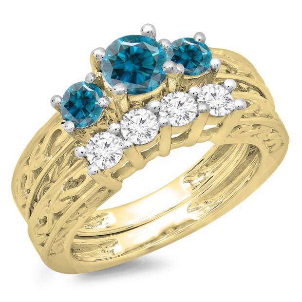 1.50 Carat (ctw) 18K Yellow Gold Round Cut Blue & White Diamond Ladies Vintage 3 Stone Bridal Engagement Ring With Matching 4 Stone Wedding Band Set 1 1/2 CT