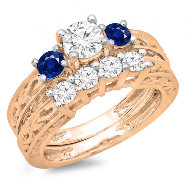1.50 Carat (ctw) 10K Rose Gold Round Cut Blue Sapphire & White Diamond Ladies Vintage 3 Stone Bridal Engagement Ring With Matching 4 Stone Wedding Band Set 1 1/2 CT