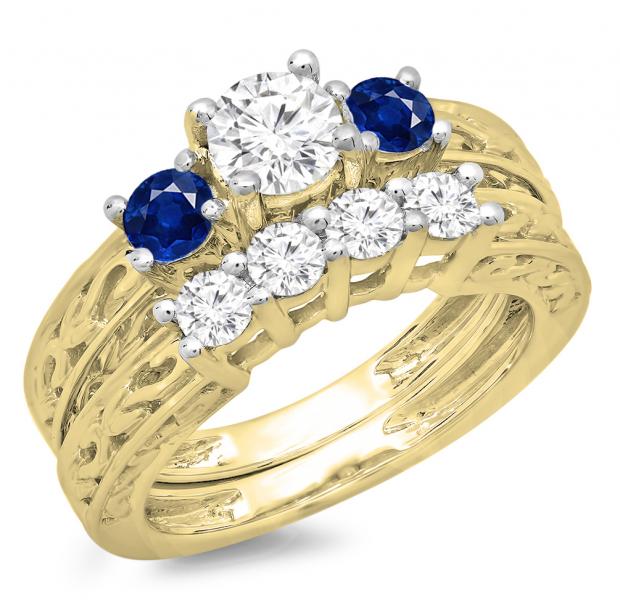 1.50 Carat (ctw) 18K Yellow Gold Round Cut Blue Sapphire & White Diamond Ladies Vintage 3 Stone Bridal Engagement Ring With Matching 4 Stone Wedding Band Set 1 1/2 CT