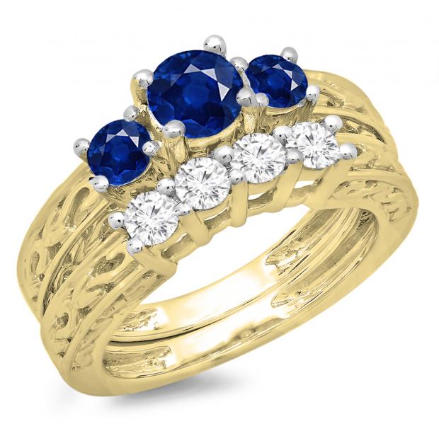 1.50 Carat (ctw) 10K Yellow Gold Round Cut Blue Sapphire & White Diamond Ladies Vintage 3 Stone Bridal Engagement Ring With Matching 4 Stone Wedding Band Set 1 1/2 CT