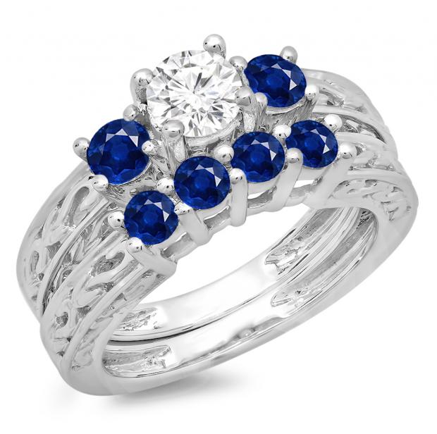1.50 Carat (ctw) 14K White Gold Round Cut Blue Sapphire & White Diamond Ladies Vintage 3 Stone Bridal Engagement Ring With Matching 4 Stone Wedding Band Set 1 1/2 CT