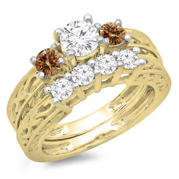 1.50 Carat (ctw) 18K Yellow Gold Round Cut Champagne & White Diamond Ladies Vintage 3 Stone Bridal Engagement Ring With Matching 4 Stone Wedding Band Set 1 1/2 CT