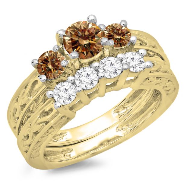 1.50 Carat (ctw) 14K Yellow Gold Round Cut Champagne & White Diamond Ladies Vintage 3 Stone Bridal Engagement Ring With Matching 4 Stone Wedding Band Set 1 1/2 CT