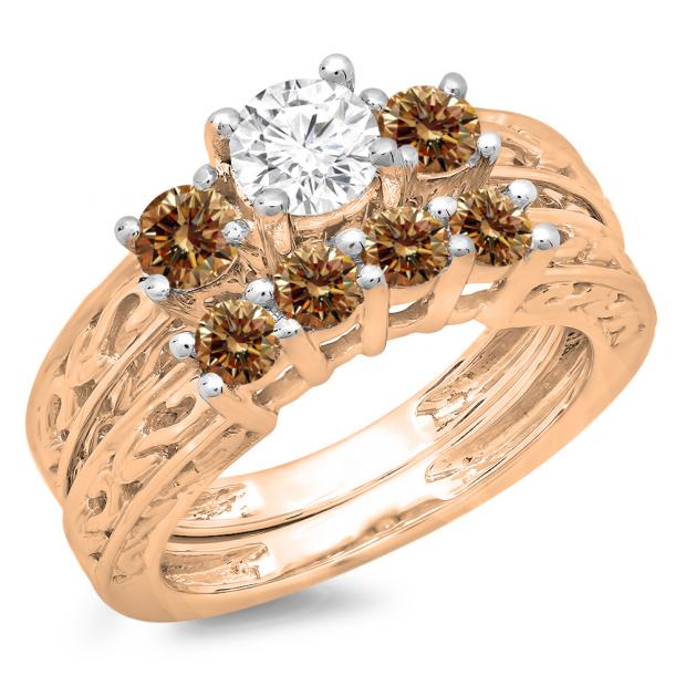 1.50 Carat (ctw) 14K Rose Gold Round Cut Champagne & White Diamond Ladies Vintage 3 Stone Bridal Engagement Ring With Matching 4 Stone Wedding Band Set 1 1/2 CT