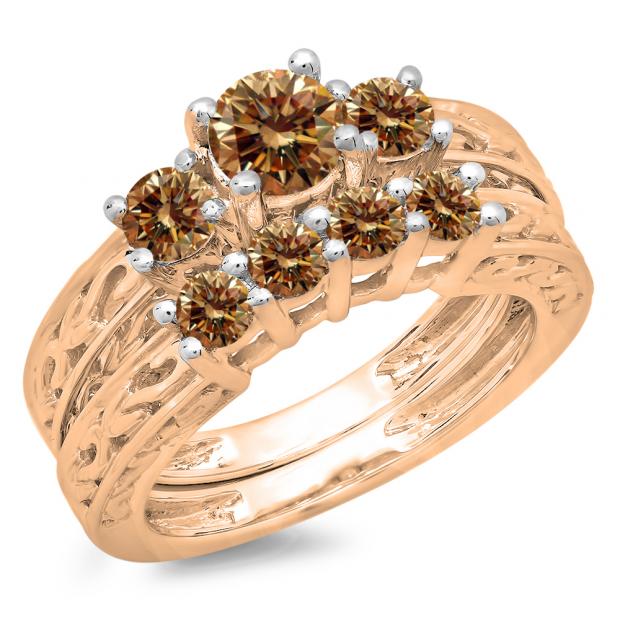 1.50 Carat (ctw) 14K Rose Gold Round Cut Champagne Diamond Ladies Vintage 3 Stone Bridal Engagement Ring With Matching 4 Stone Wedding Band Set 1 1/2 CT