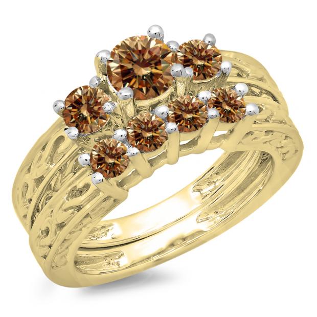 1.50 Carat (ctw) 18K Yellow Gold Round Cut Champagne Diamond Ladies Vintage 3 Stone Bridal Engagement Ring With Matching 4 Stone Wedding Band Set 1 1/2 CT