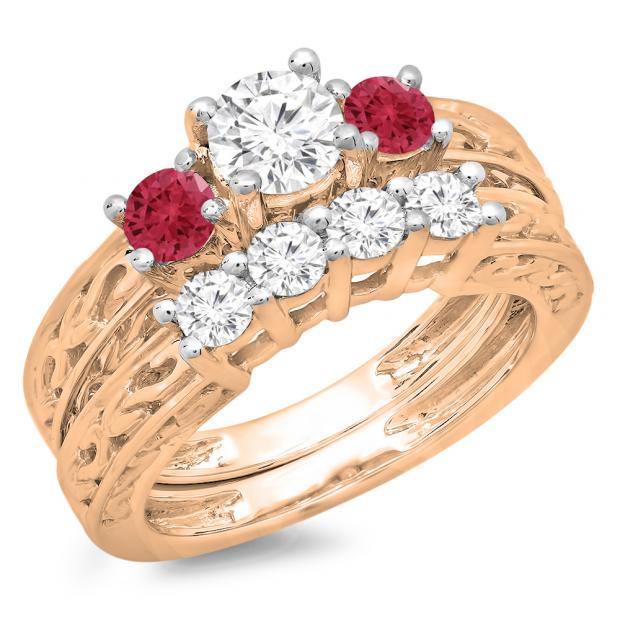 1.50 Carat (ctw) 14K Rose Gold Round Cut Red Ruby & White Diamond Ladies Vintage 3 Stone Bridal Engagement Ring With Matching 4 Stone Wedding Band Set 1 1/2 CT