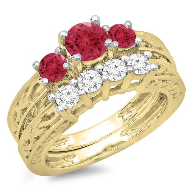 1.50 Carat (ctw) 14K Yellow Gold Round Cut Red Ruby & White Diamond Ladies Vintage 3 Stone Bridal Engagement Ring With Matching 4 Stone Wedding Band Set 1 1/2 CT