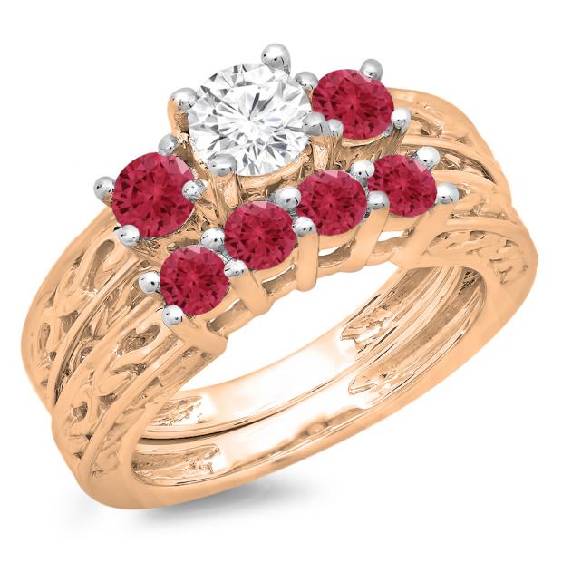 1.50 Carat (ctw) 14K Rose Gold Round Cut Red Ruby & White Diamond Ladies Vintage 3 Stone Bridal Engagement Ring With Matching 4 Stone Wedding Band Set 1 1/2 CT