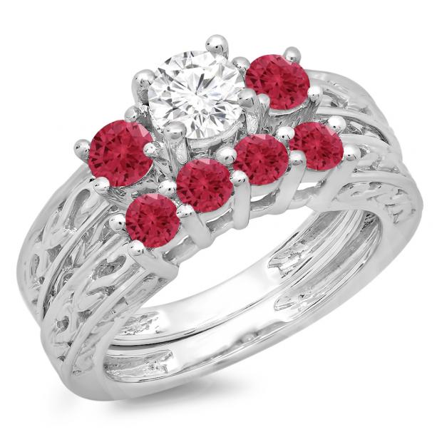 1.50 Carat (ctw) 18K White Gold Round Cut Red Ruby & White Diamond Ladies Vintage 3 Stone Bridal Engagement Ring With Matching 4 Stone Wedding Band Set 1 1/2 CT