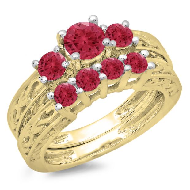 1.50 Carat (ctw) 14K Yellow Gold Round Cut Red Ruby Ladies Vintage 3 Stone Bridal Engagement Ring With Matching 4 Stone Wedding Band Set 1 1/2 CT