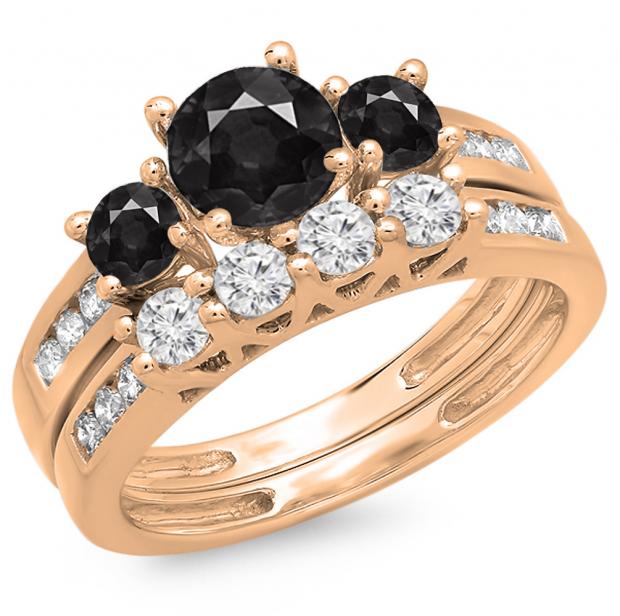 1.80 Carat (ctw) 14K Rose Gold Round Black & White Diamond Ladies Bridal 3 Stone Engagement Ring With Matching Band Set
