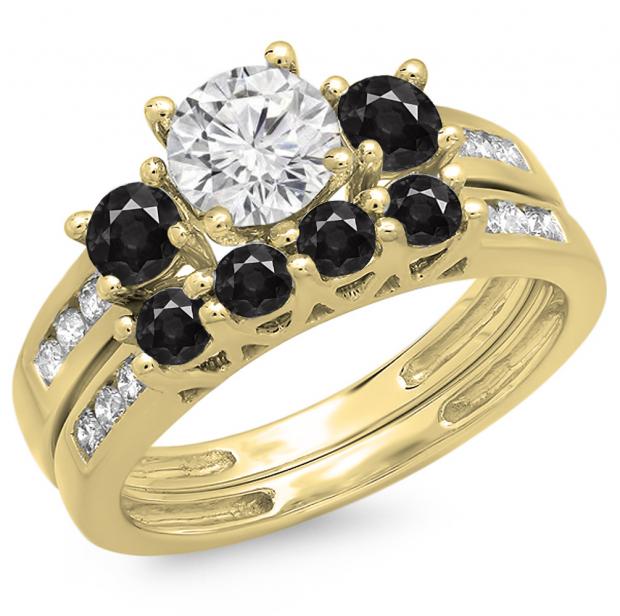 1.80 Carat (ctw) 10K Yellow Gold Round Black & White Diamond Ladies Bridal 3 Stone Engagement Ring With Matching Band Set