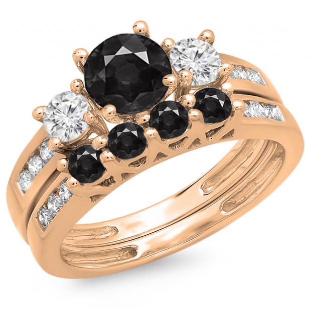 1.80 Carat (ctw) 18K Rose Gold Round Black & White Diamond Ladies Bridal 3 Stone Engagement Ring With Matching Band Set