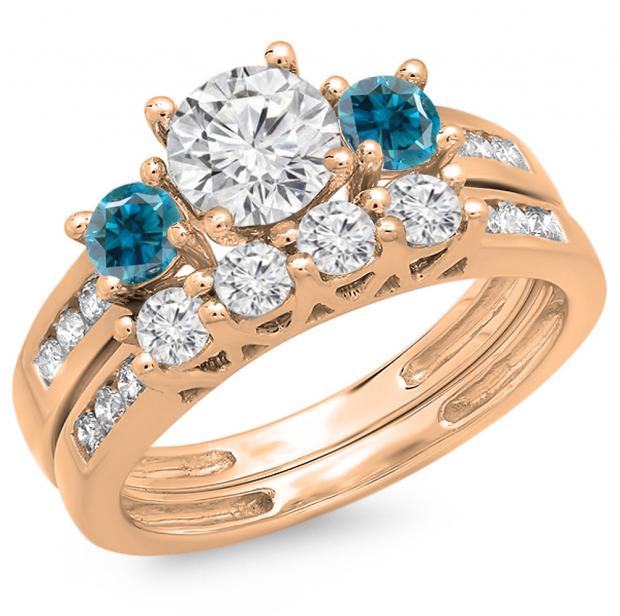 1.80 Carat (ctw) 14K Rose Gold Round Blue & White Diamond Ladies Bridal 3 Stone Engagement Ring With Matching Band Set