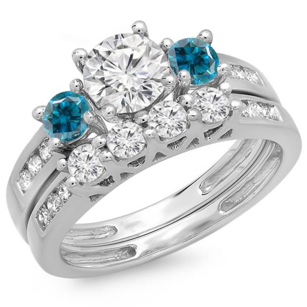 1.80 Carat (ctw) 14K White Gold Round Blue & White Diamond Ladies Bridal 3 Stone Engagement Ring With Matching Band Set