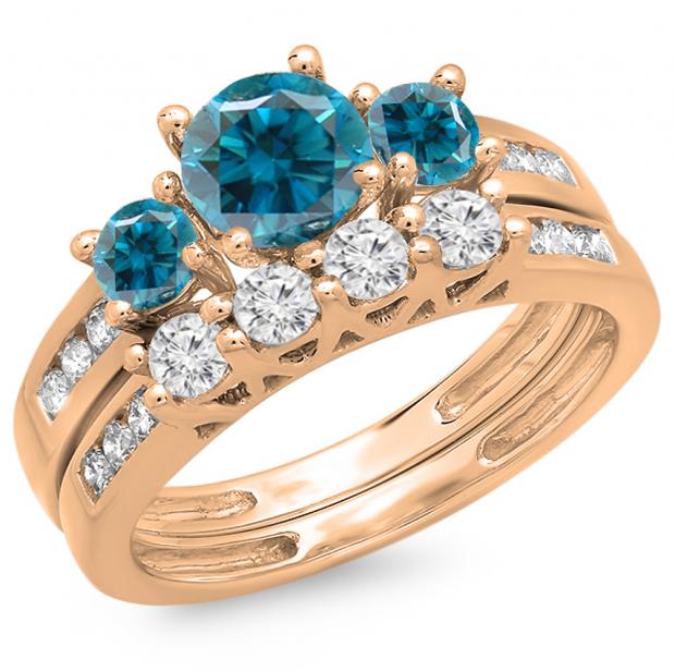 1.80 Carat (ctw) 10K Rose Gold Round Blue & White Diamond Ladies Bridal 3 Stone Engagement Ring With Matching Band Set
