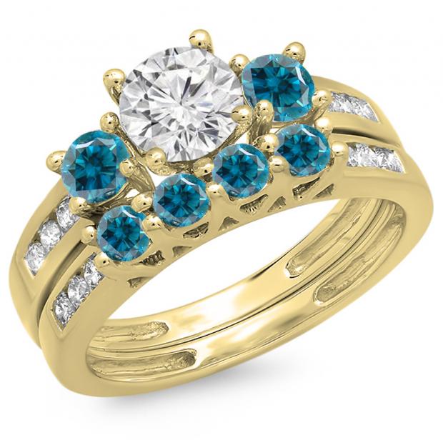1.80 Carat (ctw) 14K Yellow Gold Round Blue & White Diamond Ladies Bridal 3 Stone Engagement Ring With Matching Band Set