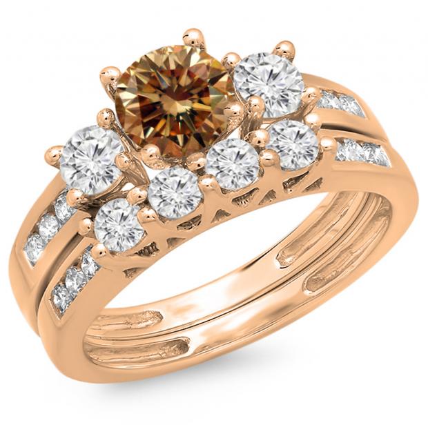 1.80 Carat (ctw) 18K Rose Gold Round Champagne & White Diamond Ladies Bridal 3 Stone Engagement Ring With Matching Band Set