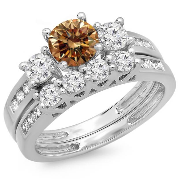 1.80 Carat (ctw) 18K White Gold Round Champagne & White Diamond Ladies Bridal 3 Stone Engagement Ring With Matching Band Set