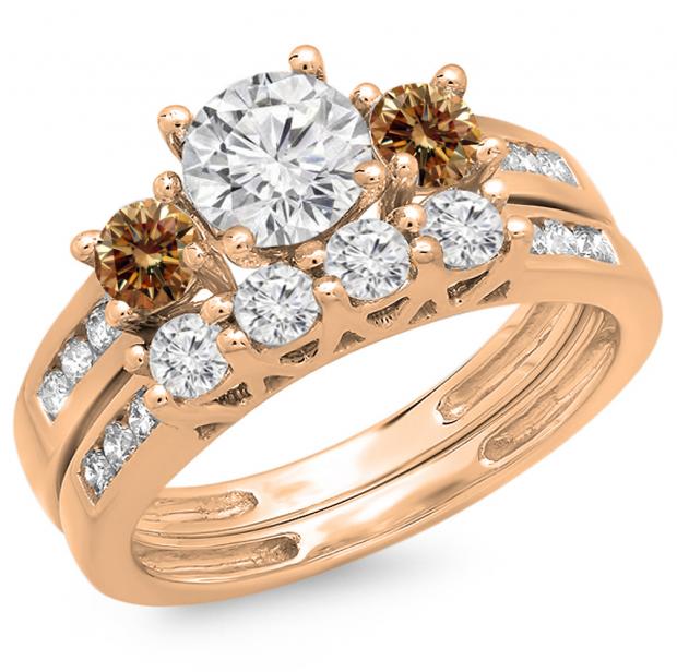 1.80 Carat (ctw) 14K Rose Gold Round Champagne & White Diamond Ladies Bridal 3 Stone Engagement Ring With Matching Band Set
