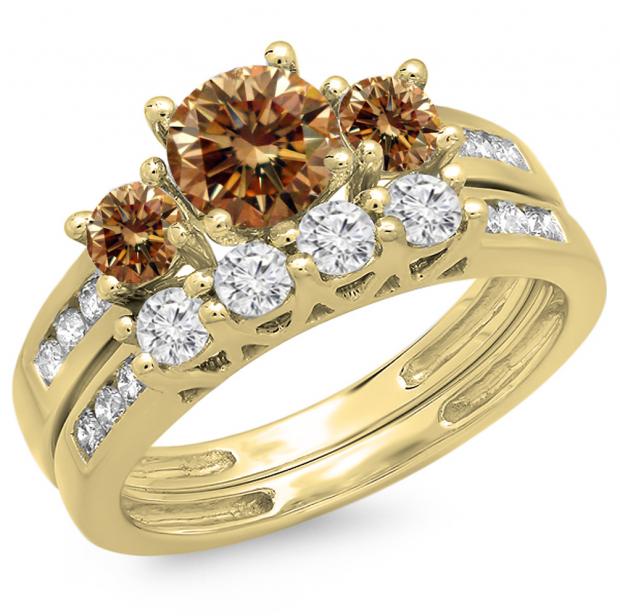 1.80 Carat (ctw) 10K Yellow Gold Round Champagne & White Diamond Ladies Bridal 3 Stone Engagement Ring With Matching Band Set
