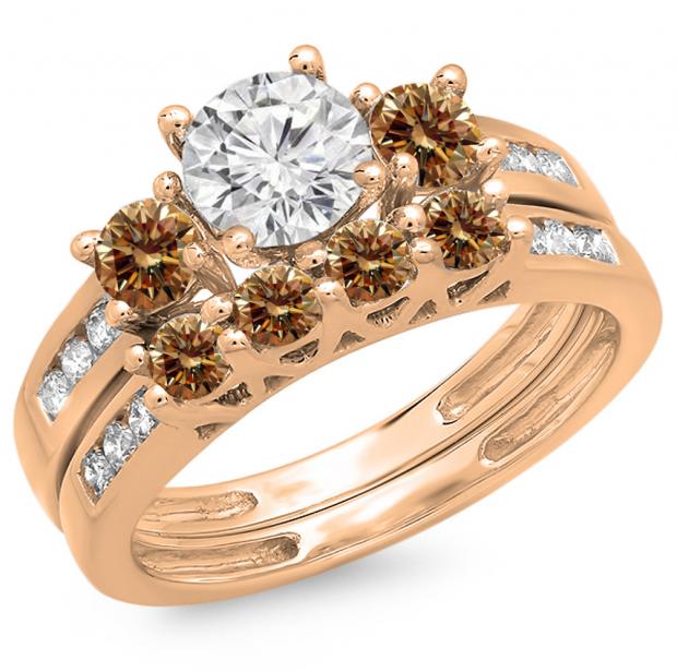 1.80 Carat (ctw) 10K Rose Gold Round Champagne & White Diamond Ladies Bridal 3 Stone Engagement Ring With Matching Band Set